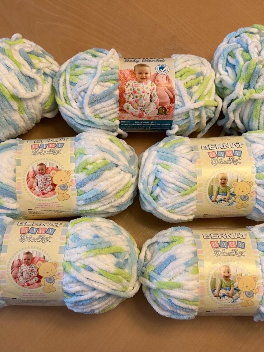 Bernat Baby Blanket Yarn, Funny Prints, Bundle of 7, Blue-Green-White